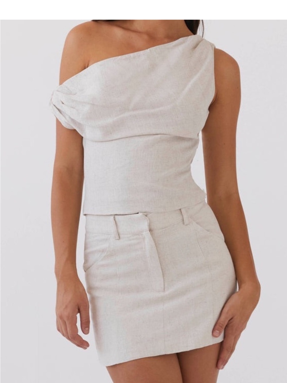Peppermayo Cream One-Shoulder Crop Top & Mini Skirt Set